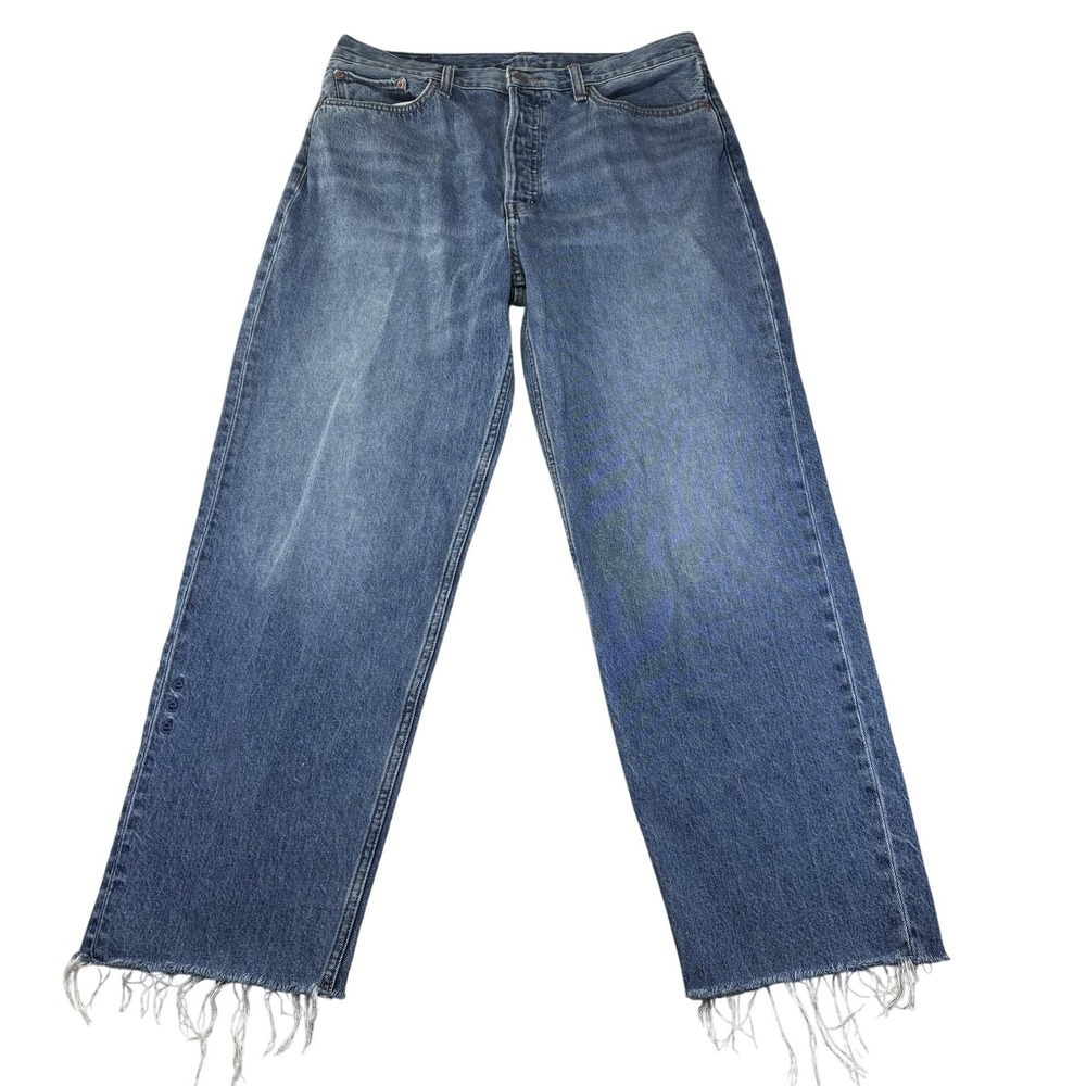 Etica Tyler Vintage Straight Jeans Womens 31 Blue Med Wash Button Fly Raw Hem